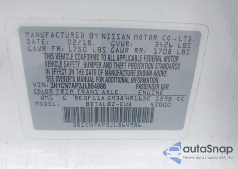 2018 Nissan Versa 1.6 Sv z USA, uszkodzony, nr VIN 3N1CN7AP3JL864986